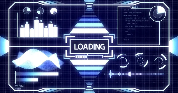 Loading Screen with Process Bar and Digital objects including Soundwave, Graph, Chart, Circles, Radar, Hacker typing and Glowing light bars Ver.1 (Full View)