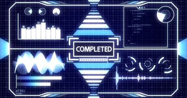 Completed Screen with Process Bar and Digital objects including Soundwave, Graph, Chart, Circles, Radar, Hacker typing and Glowing light bars Ver.1 (Full View)