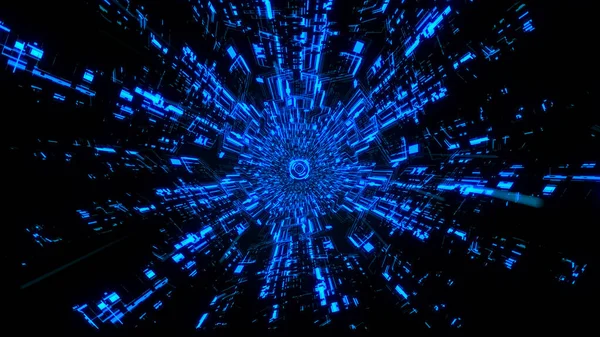 3D Dijital Devre Sistemi Tünelleri ve Dalgalar Mavi renk temalı ortadaki Dijital Çemberler Ver.1