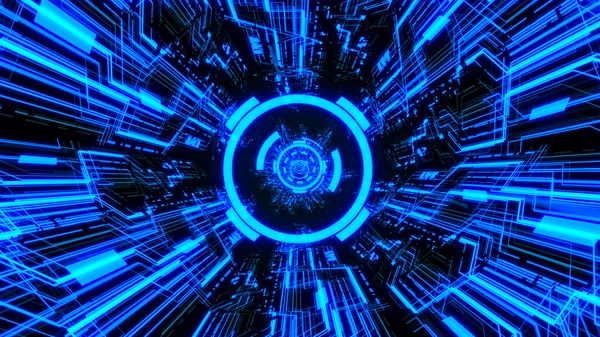 3D Dijital Devre Sistemi Tünelleri ve Dalgalar Mavi renk temalı ortadaki Dijital Çemberler Ver.2