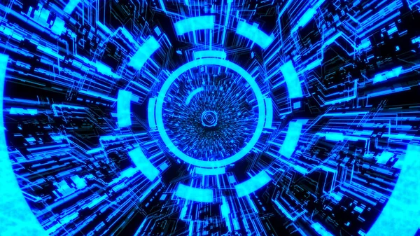 3D Dijital Devre Sistemi Tünelleri ve Dalgalar Mavi renk temalı ortadaki Dijital Çemberler Ver.5