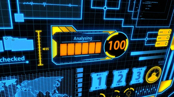 Orange Blue Data Analysis Detayları Yükleme Çubuğu Dünya Haritası Siber — Stok fotoğraf