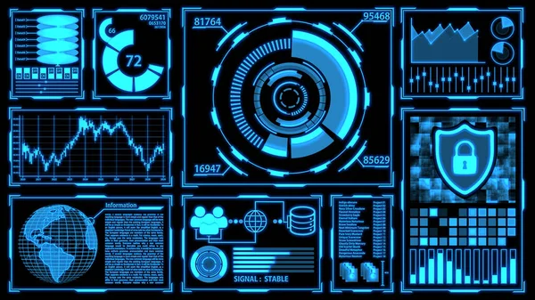 データ転送 デジタル変換画面パネル グラフ チャート 3Dアース デジタル要素を含む青色のテーマの詳細を持つHud Ver フルスクリーン — ストック写真