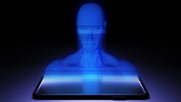 8K 3D Yapılandırılmış Yapay Zeka Hologramı Karanlık Oda 'daki yerde Smartphone' dan yansıtılıyor