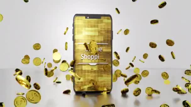 Бесшовный Цикл Онлайн Покупок Рендеринг Смартфона Вращение Золотые Долларовые Монеты — стоковое видео