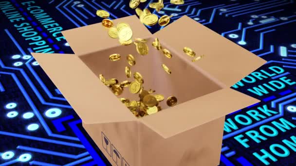 Rendered Ett Antal Gulddollar Mynt Faller Brown Package Kretskort Och — Stockvideo