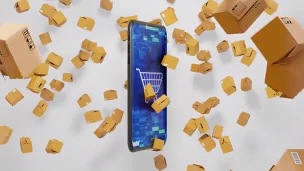 Seamless Loop Render Commerce Smartphone Paquetes Cayendo Con Carrito Compras — Vídeo de stock