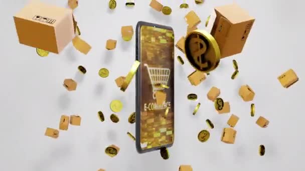 シームレスなループ3Dレンダリング電子商取引スマートフォン 黄金のコインは 画面上の抽象的なデジタルディスプレイ上のショッピングカートで落ちて — ストック動画