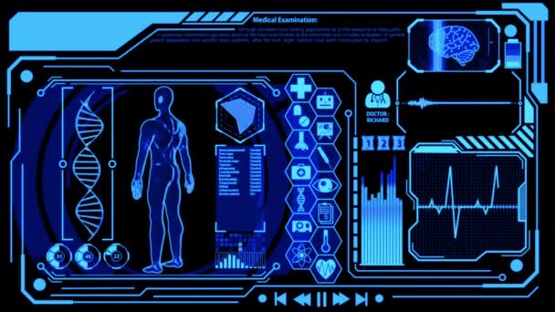 3Dヒューマンモデルレンダリングは アイコンセット デジタル脳スキャン ハート波などを含む医療未来のHudディスプレイ画面に青色で回転します — ストック動画