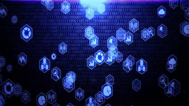 Big Data Icon Set Hexagon Border Hovering Randoming Binary Code — Stock video