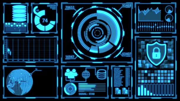 Передача Данных Передача Цифровое Преобразование Экрана Hud Деталями Синий Цвет — стоковое видео