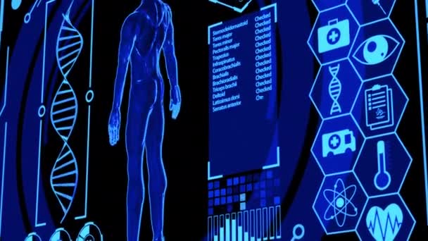 Representación Modelos Humanos Girando Pantalla Visualización Hud Futurista Médica Que — Vídeos de Stock