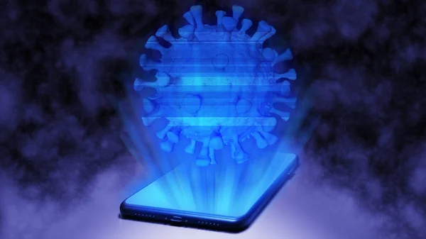 3D Yapılandırılmış Virüs / Coronavirus Hücre Modeli Hologram Smartphone 'dan yansıyan Soyut Arkaplan Resimli Karanlık Oda