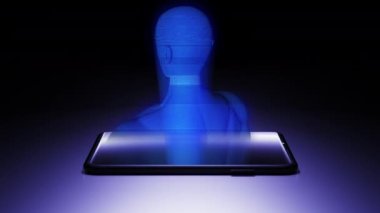 3 Boyutlu Yapay Zeka / İnsan Vücut Hologramı Mavi Renkli Karanlık Oda 'da Smartphone' dan yansıtılıyor