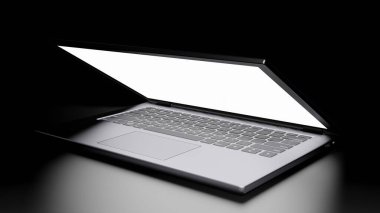 8K 3D izole edilmiş Yarı Açılmış Dizüstü bilgisayarla Karanlık Oda 'daki yerde tek bir ışık kaynağı sürümü 2 ile boş ekran görüntüsü