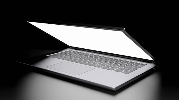 Renderizado Isolado Laptop Half Opened Com Tela Branco Chão Sala — Fotografia de Stock