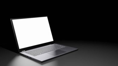 8K 3D görüntülenmiş izole edilmiş Boş Ekran ile açılan dizüstü bilgisayar Karanlık odada bir ışık kaynağıyla (sol taraf)