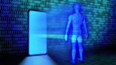 Smartphone 'dan yansıtılan 3D Yapay Zeka / İnsan Hologramı Rastgele İkili Kod Arkaplanı ile duvara yaslanmış mavi renkte