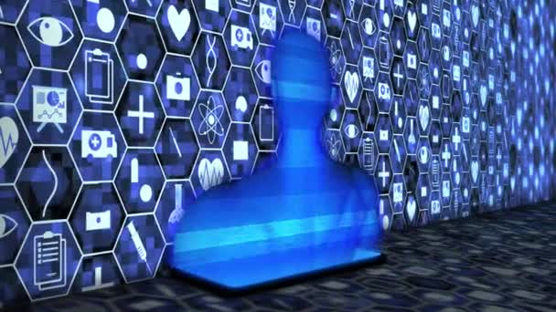 3DレンダリングAi 医療技術アイコンセットで床にスマートフォンから投影されるヒューマンホログラム青の背景 — ストック動画