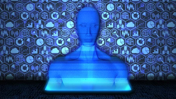 Yerdeki Smartphone 'dan yansıtılan 8K 3D Yapılandırılmış Yapay Zeka / İnsan Hologramı Büyük Veri Teknolojisi simgesi seti Arka plan ve mavi renkte Random İkili Kod