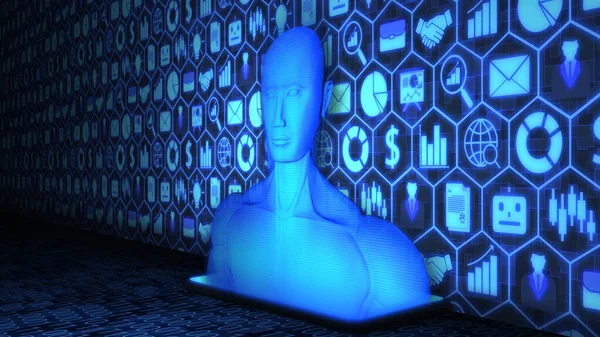 8K 3D Yapılandırılmış Yapay Zeka / İnsan Hologramı, İş ve Teknoloji simgesi seti Arkaplan ve Rastgele İkili Kodu ile yerde mavi renkli olarak gösterilmiştir