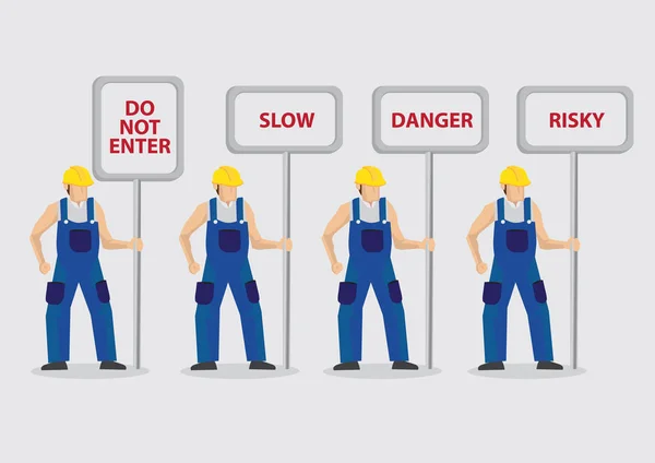 Travailleurs de la construction porteurs de signes d'avertissement Illustration vectorielle — Image vectorielle