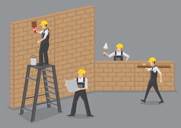 Trabajadores de la Construcción en el Trabajo Vector Ilustración — Vector de stock