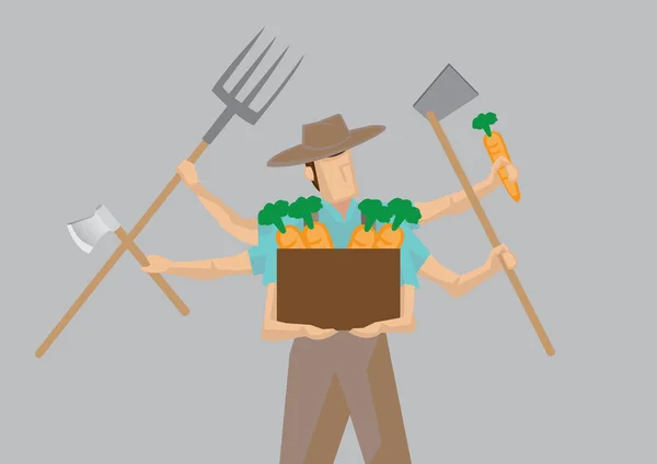 Vector de carácter de cartón de granjero ocupado con múltiples tareas Illustratio — Archivo Imágenes Vectoriales
