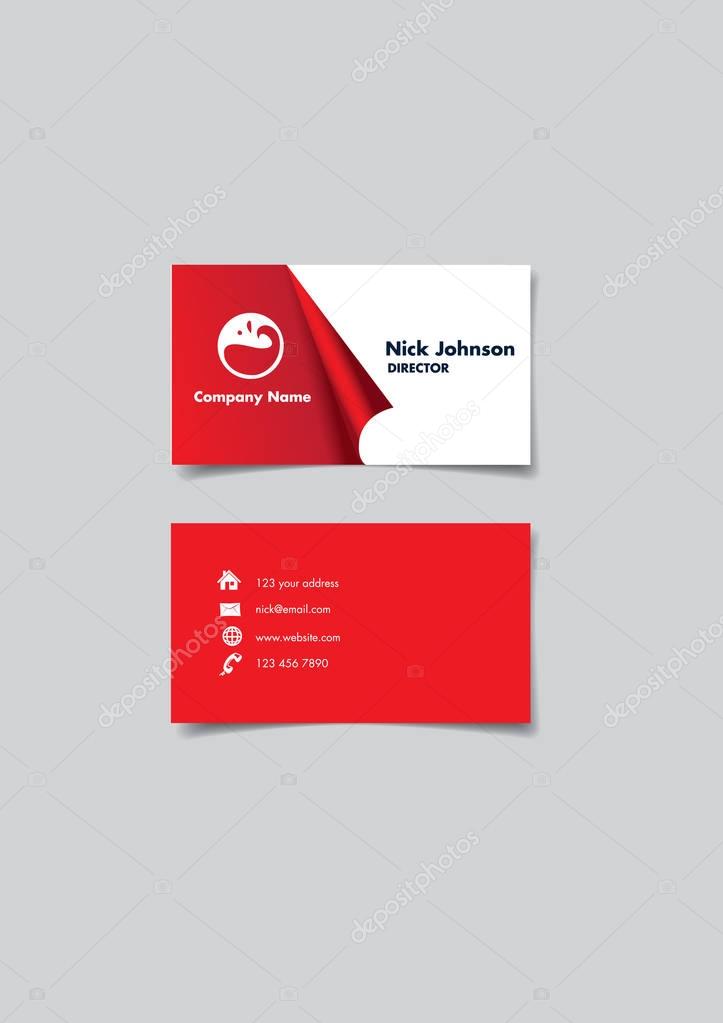 Front and back of a red and white name card with creative three dimension peel off effect at to reveal company name and logo. Vector illustration isolated on grey background.