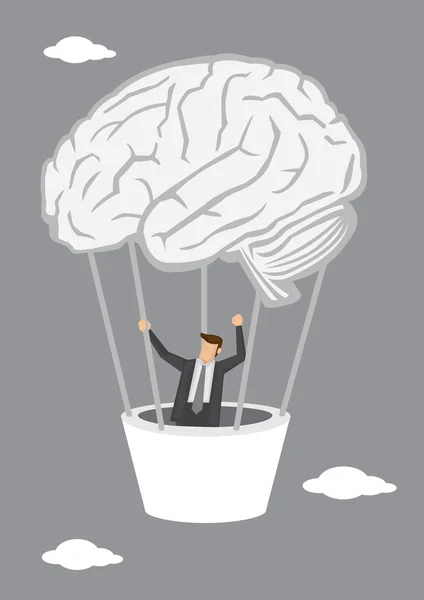 Businessman Going Up in Human Brain Hot Air Balloon - Stok Vektor