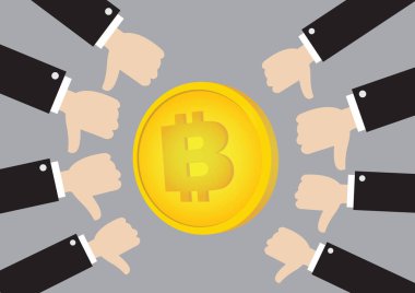 Başparmak aşağı el ile Bitcoin şekilde.