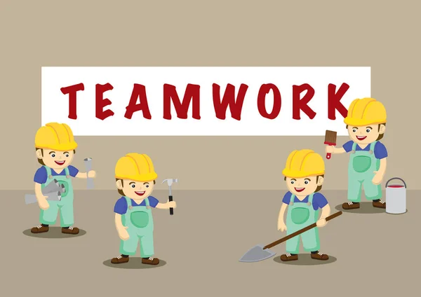 Arbeiter mit Werkzeugen und Teamwork Banner Vektor Cartoon Illustrati — Stockvektor