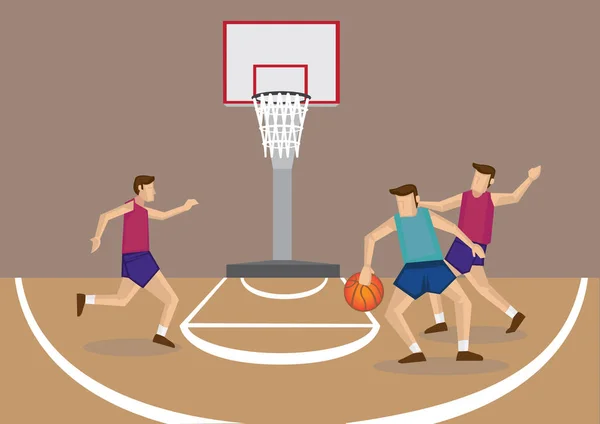 Три баскетболиста на векторной иллюстрации баскетбольной площадки — стоковый вектор