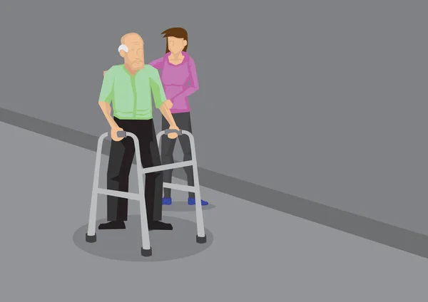 Young Girl Helping Elderly Man with Walker Vector Illustration — Stock Vector