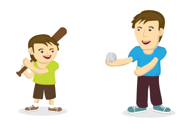 Padre e hijo jugando béisbol juntos mostrando el fuerte vínculo — Vector de stock
