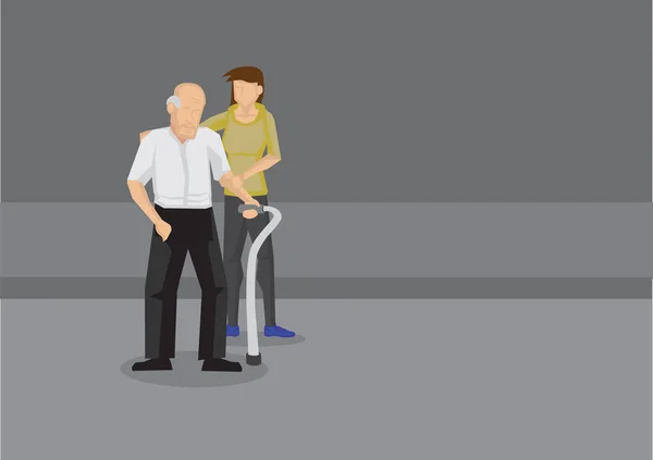 Cuidador ayudando a anciano a cruzar la carretera Vector de dibujos animados Illustra — Vector de stock