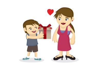 Vektör karikatür çizim bir çocuk annesi için bir hediye vermek.