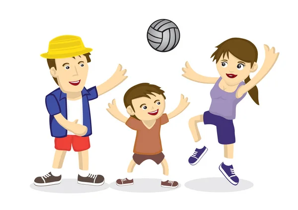 Illustration av en familj på tre spelar volleyboll — Stock vektor