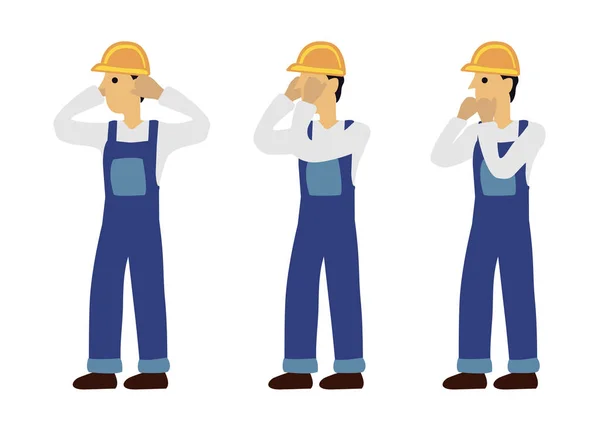 Construction man in three expression of see no evil, speak no ev — Stock Vector