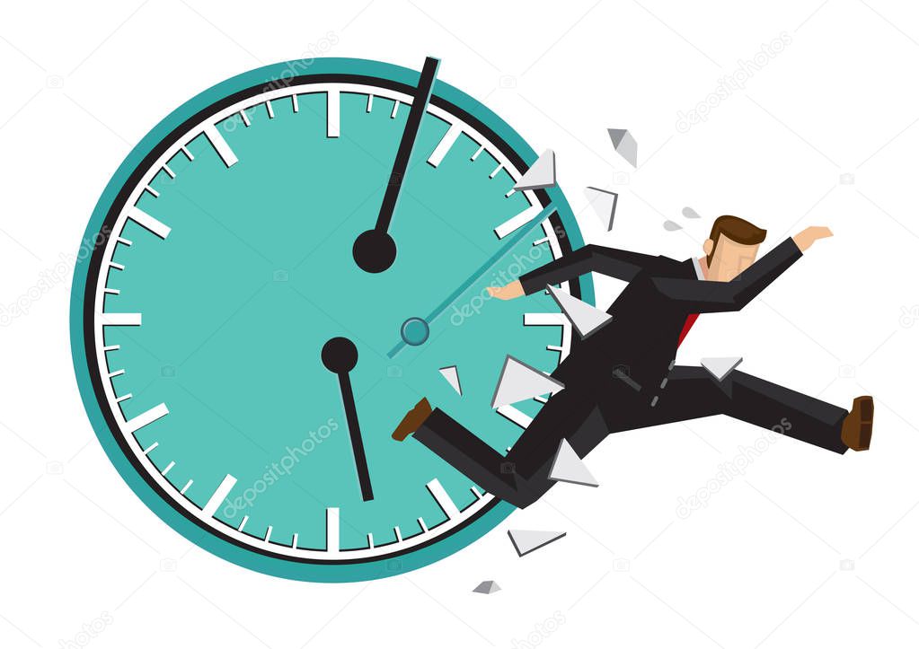 Businessman running with a broken clock behind. Concept of time 
