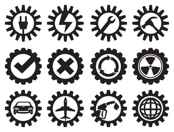 Conjunto de iconos de vectores de engranajes industriales en blanco y negro — Vector de stock