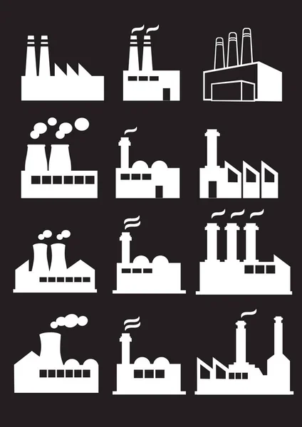 Industriële Fabriek met schoorstenen Vector Web Icon Set — Stockvector