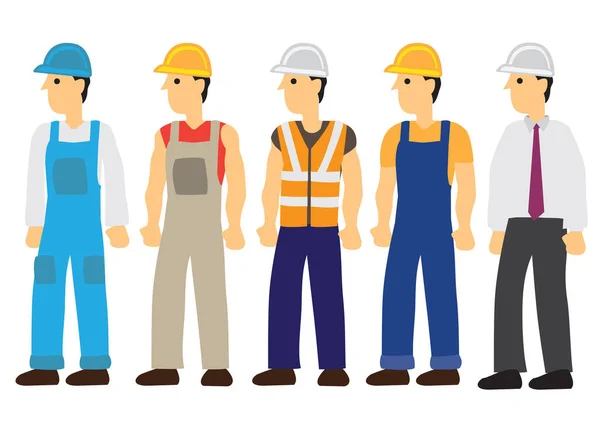 Cinco trabalhadores da construção. Ilust vetor isolado plano — Vetor de Stock