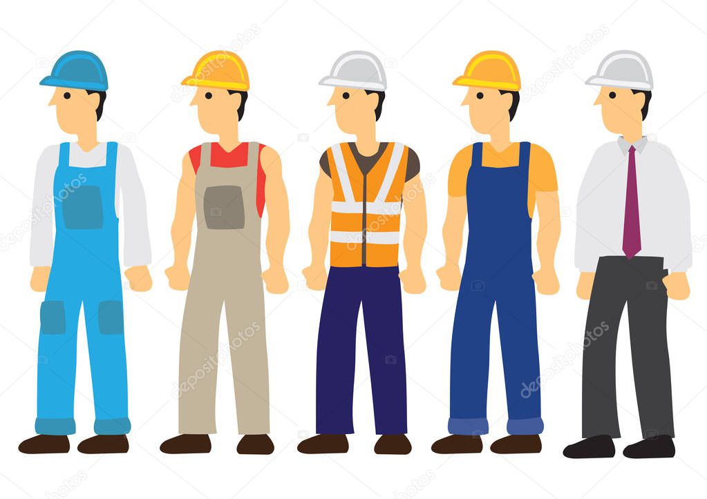 Five construction workers character. Flat isolated vector illust