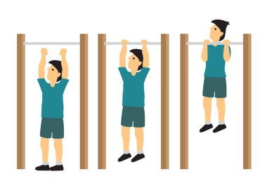 Yeşilli adam üç adımda barfiks egzersizi yapıyor..