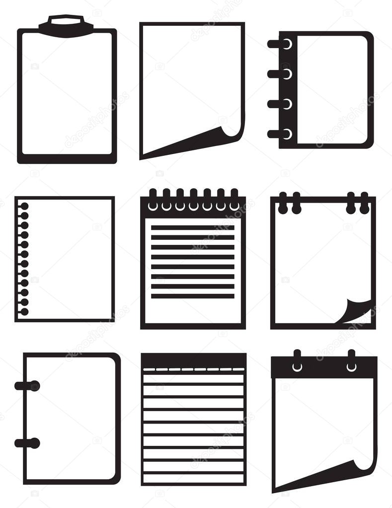 Black and white Paper and Notebook Vector Icon Set
