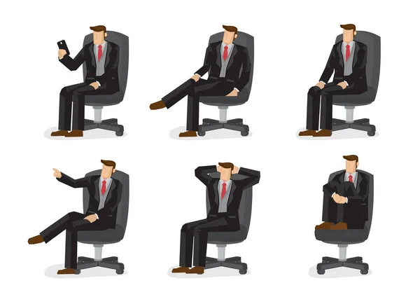 Ensemble de personnages d'affaires dans six positions assises dans un bureau — Image vectorielle