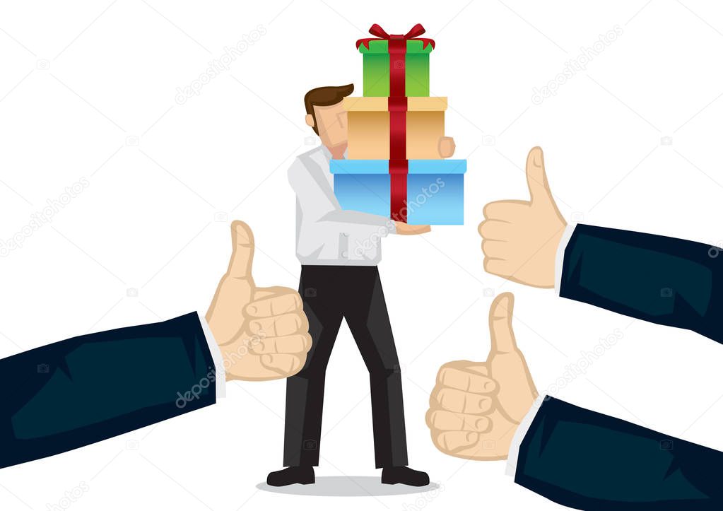 Businessman getting praises for giving gifts. Concept of hardwor