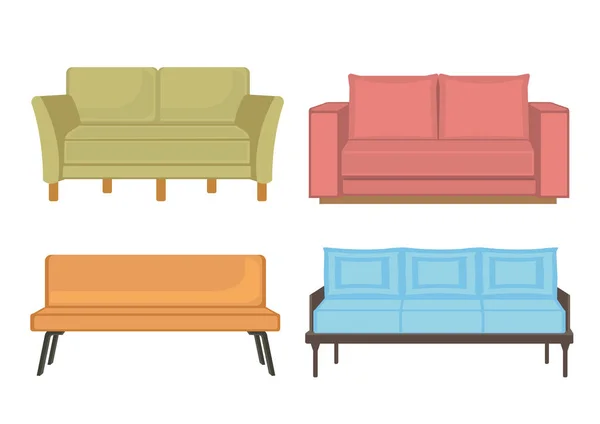 A set of four sofa / couch with various style and colours. Изолат — стоковый вектор