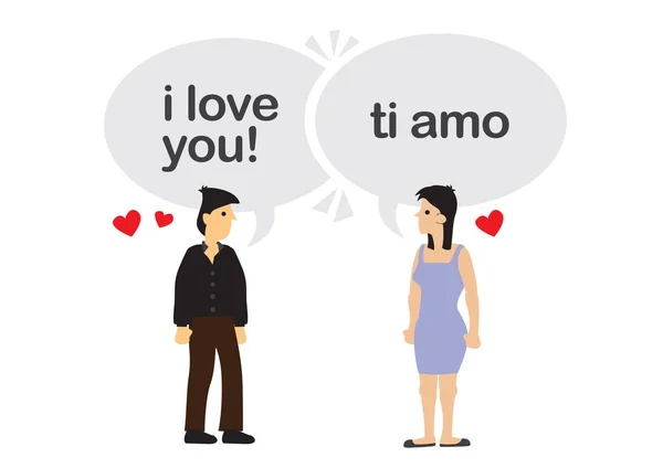 Confesión de una pareja en diferentes idiomas. Concepto de foreig — Vector de stock